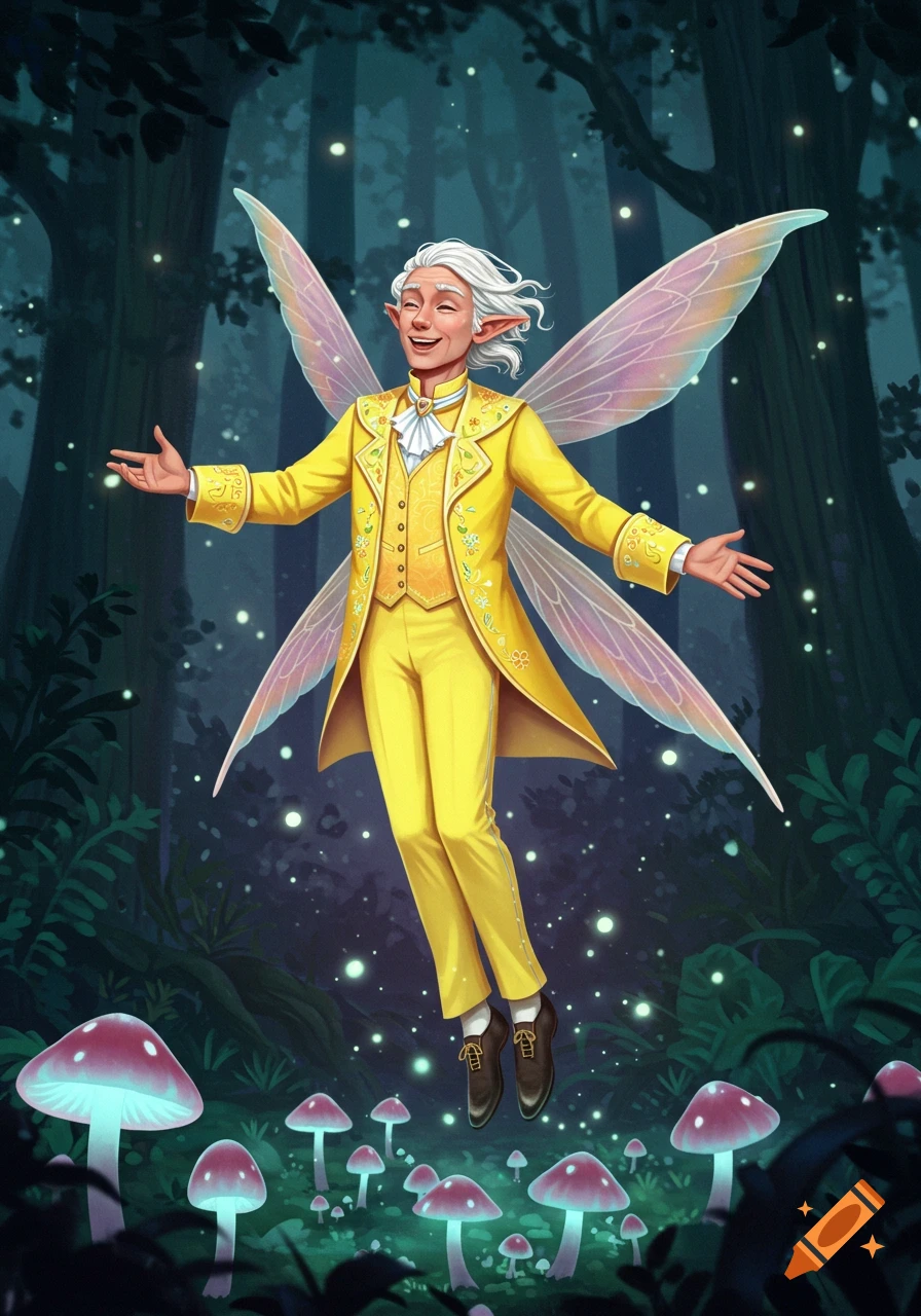 An older male fairy with white hair, wearing a yellow jacket and ...