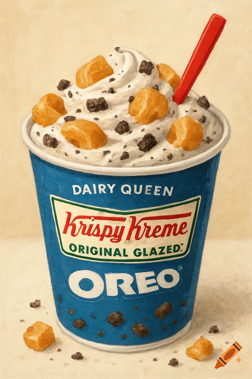 A painted illustration of a dessert drink in a blue cup with whipped cream, chocolate pieces, and donut chunks.