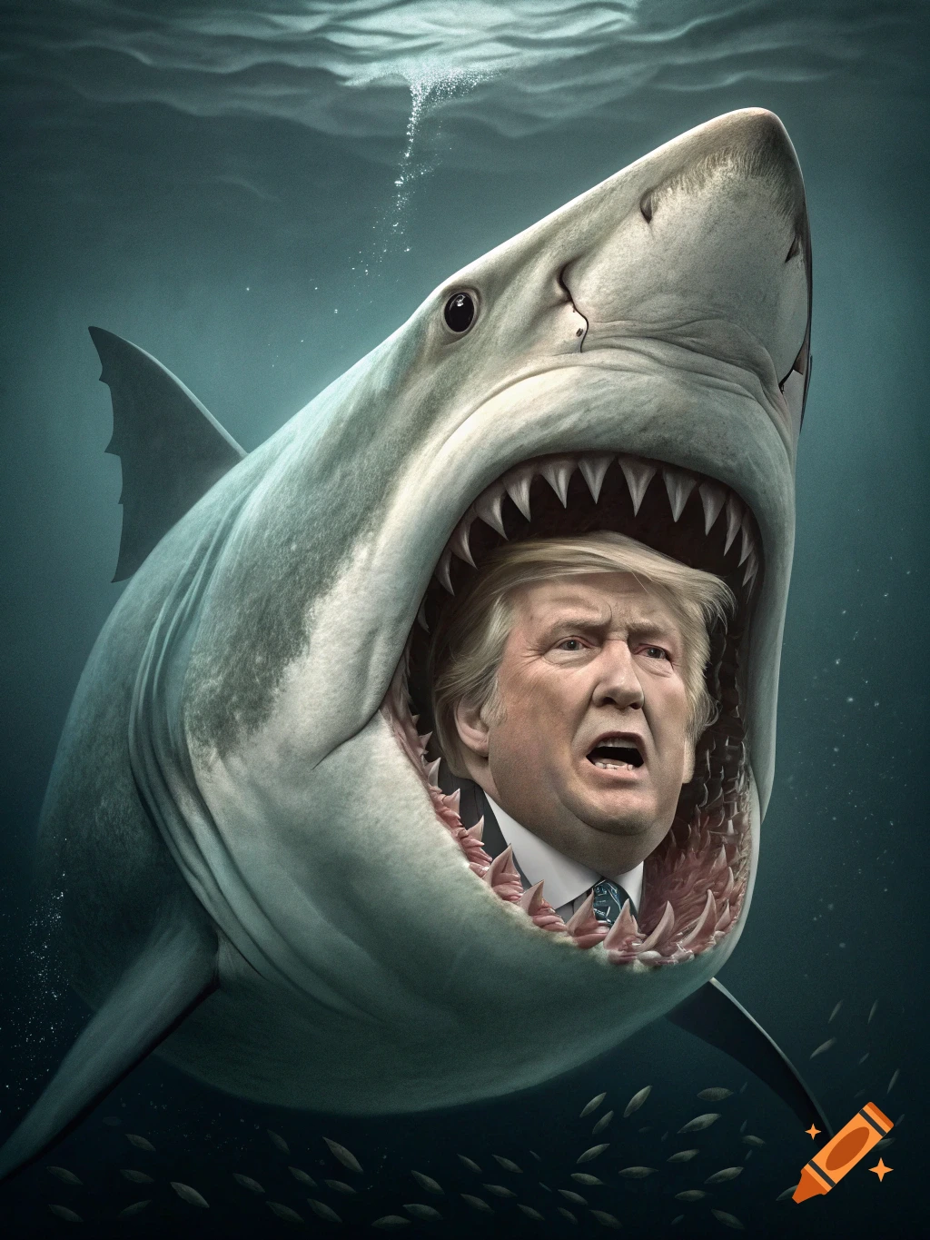 A shark with Donald Trump's face in its mouth swims underwater.