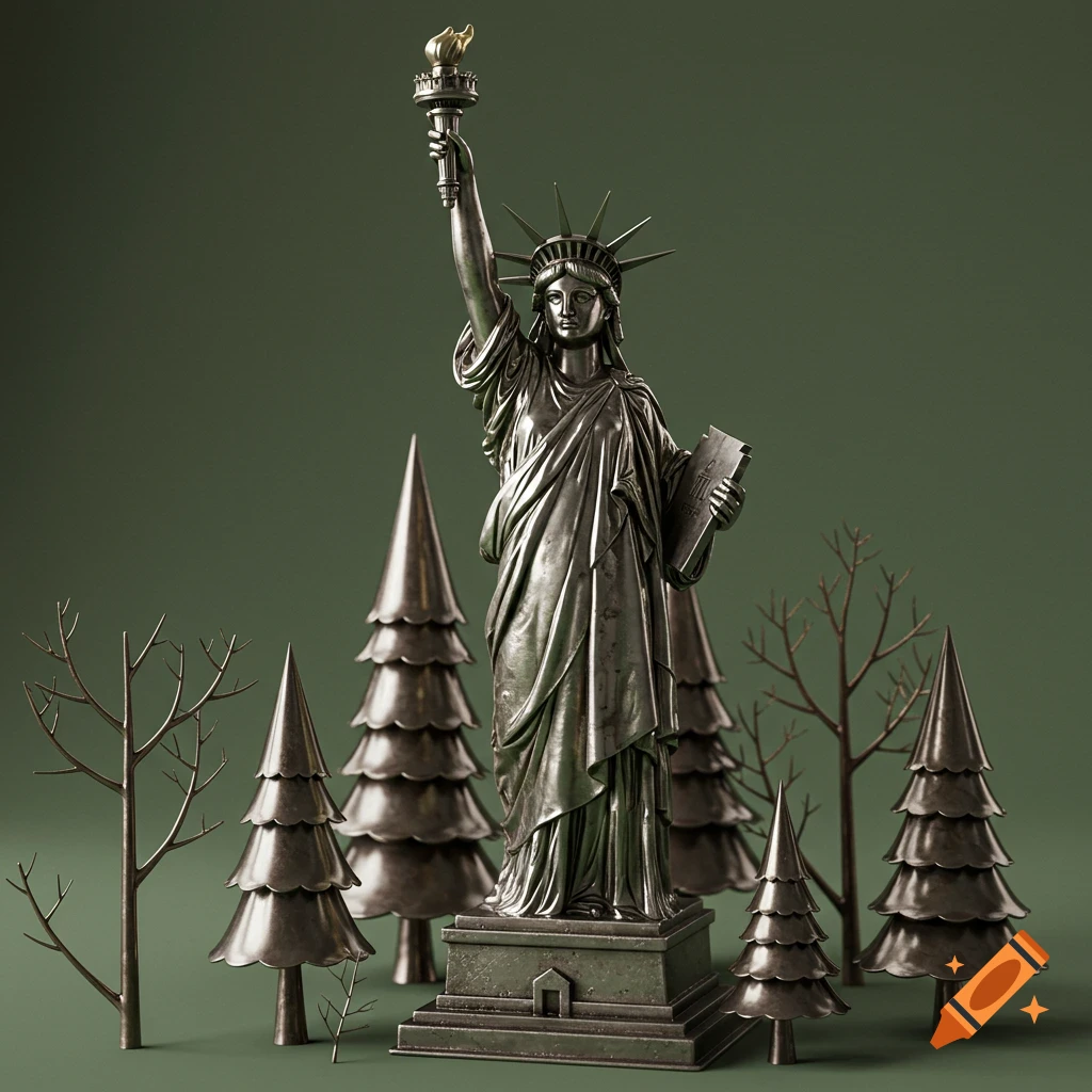 A shiny tin Statue of Liberty stands among tin pine and bare trees on a green background.
