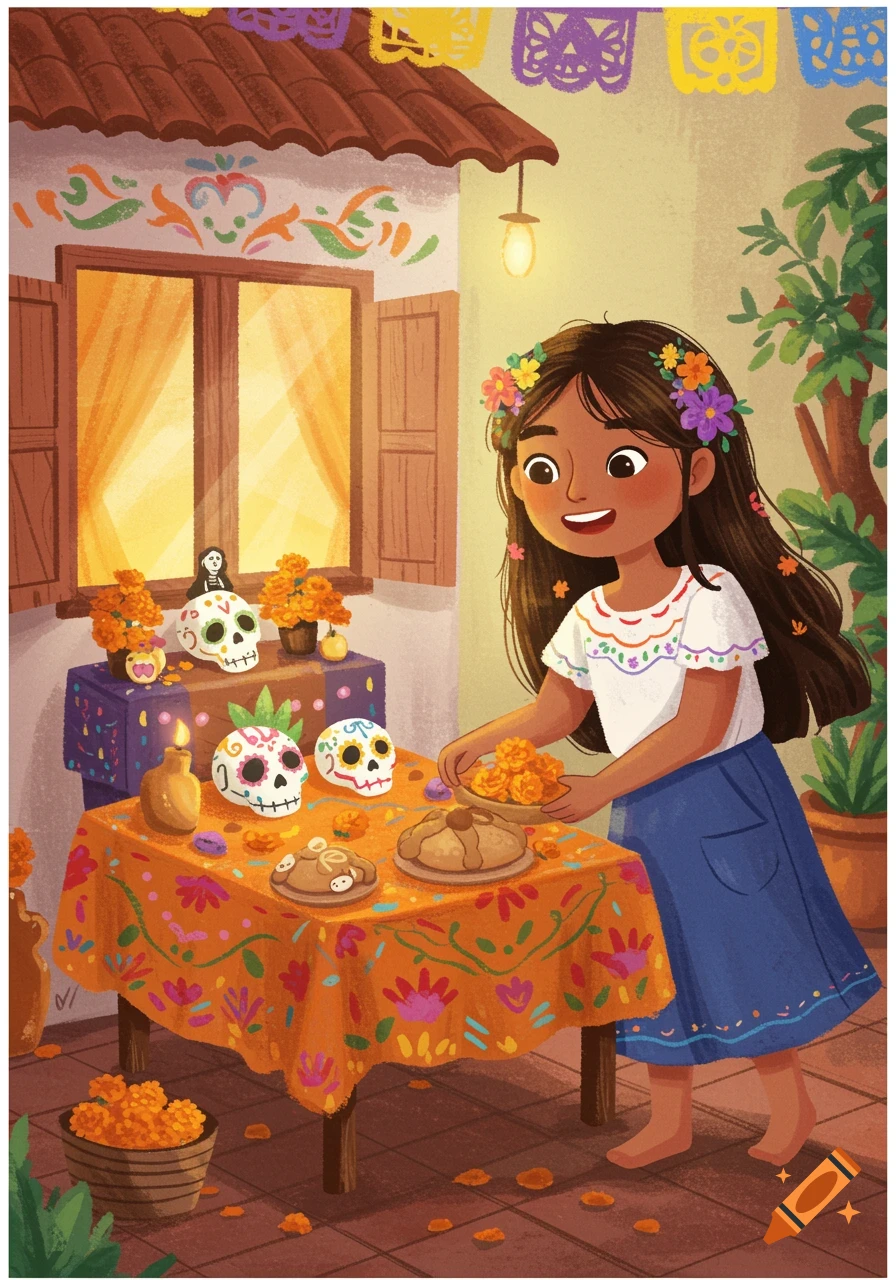 A young Mexican girl sets up an ofrenda with sugar skulls, marigolds, and bread, in a colorful children's illustration style.