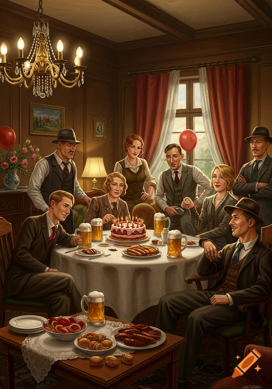 Adults in 1930s attire celebrating a birthday party with cake, food, and beer.