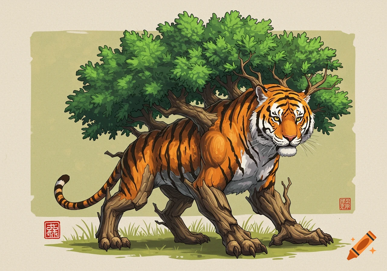 Stylized illustration of a creature that is part tiger and part tree, standing in a landscape.