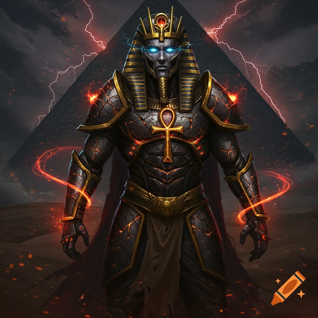 Dark portrait of a futuristic Egyptian pharaoh in cracked armor, standing in a desert storm with lightning over a pyramid.