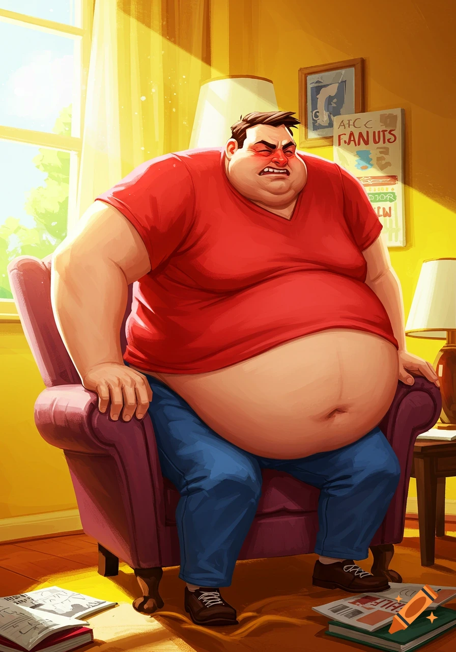 Cartoon illustration of an overweight man in a red shirt struggling to get out of an armchair in a living room.