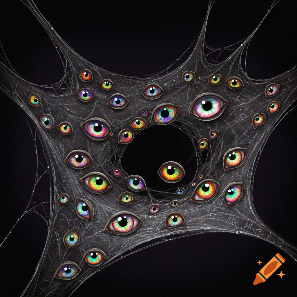 Multiple colorful eyes embedded in a spider web on a dark background.