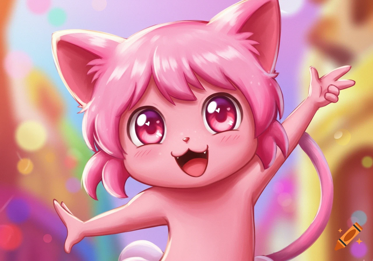 Cute pink cat-like anime character with big eyes waving