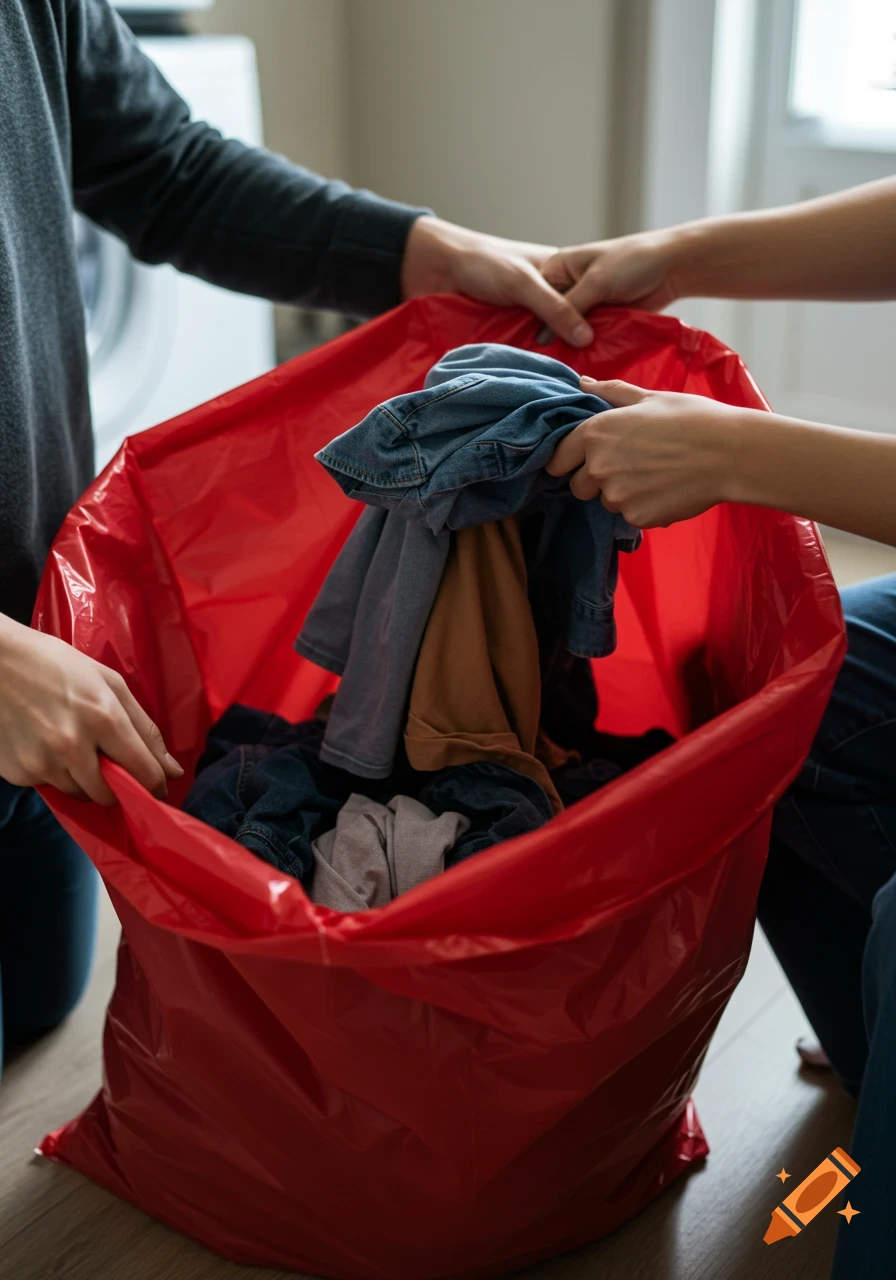Two people put clothes into a red plastic bag.
