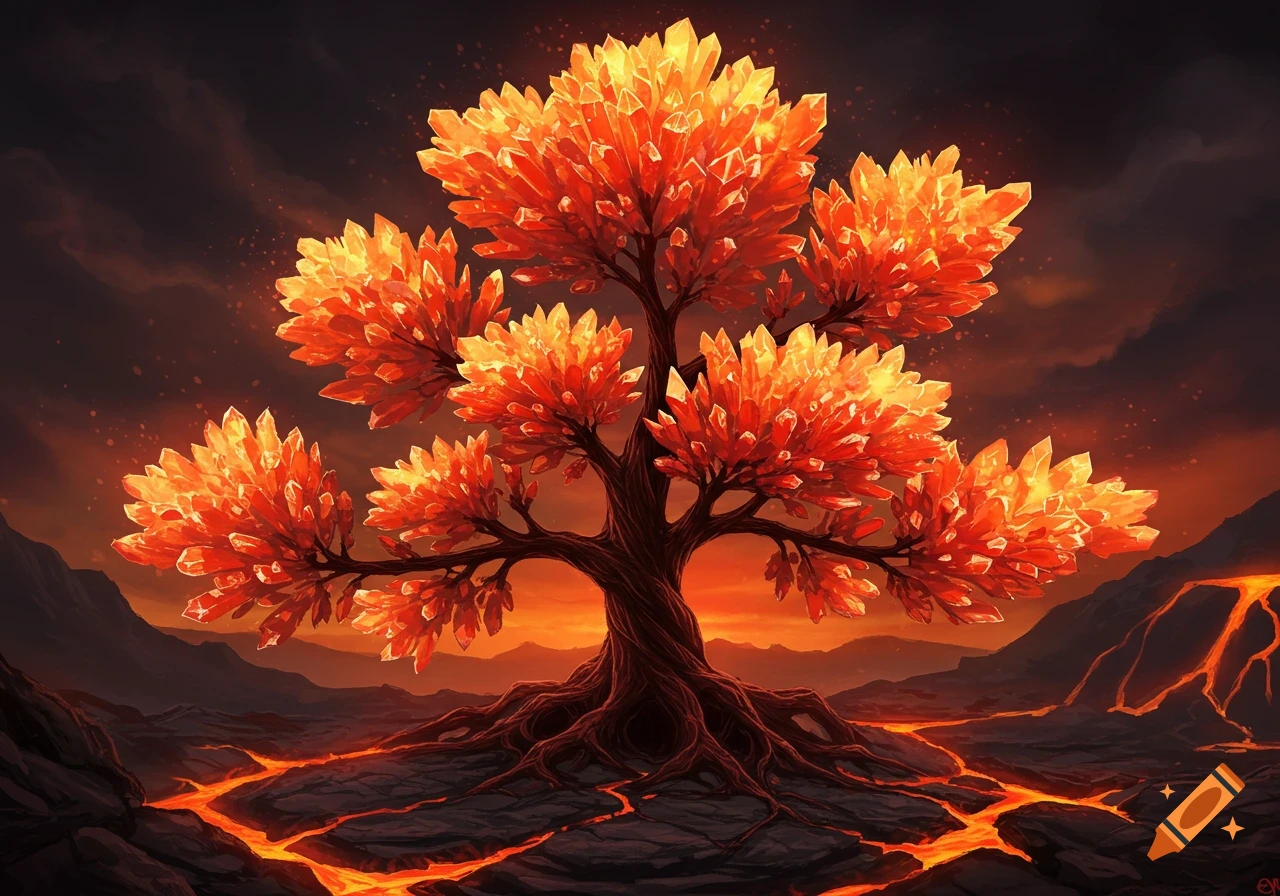 A tree with orange crystal leaves grows from roots in a lava-filled landscape under a dark sky.