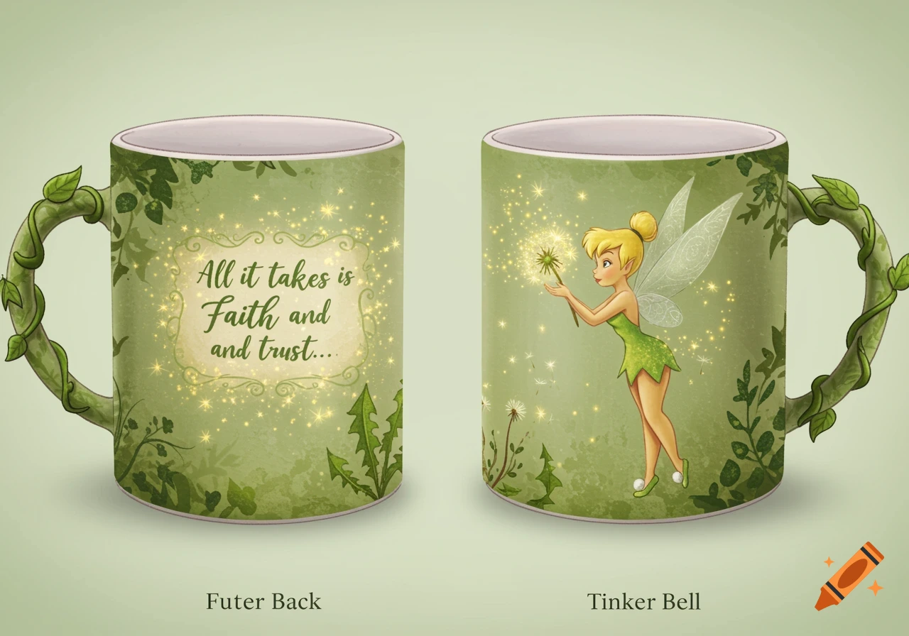 Two views of a light green mug with a vine handle. One side has the quote "All it takes is Faith and trust..." in script. The other has a drawing of Tinker Bell holding a dandelion.