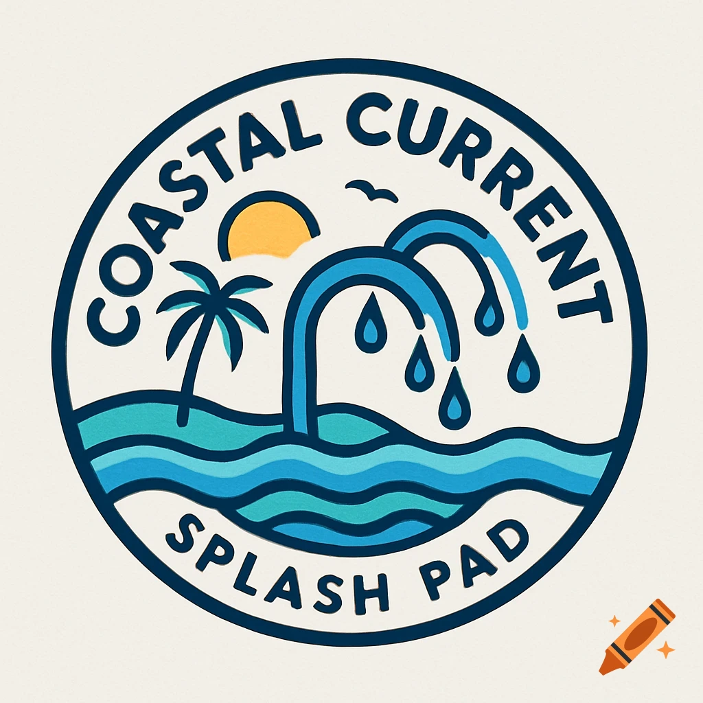 A circular logo with a palm tree, sun, water waves, and a splash pad fountain, with text 'COASTAL CURRENT SPLASH PAD'.