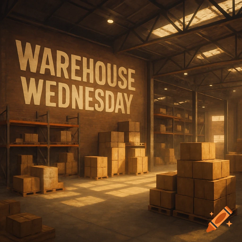 Warehouse interior with shelves, boxes, and 'Warehouse Wednesday' text on the wall. Dramatic lighting.