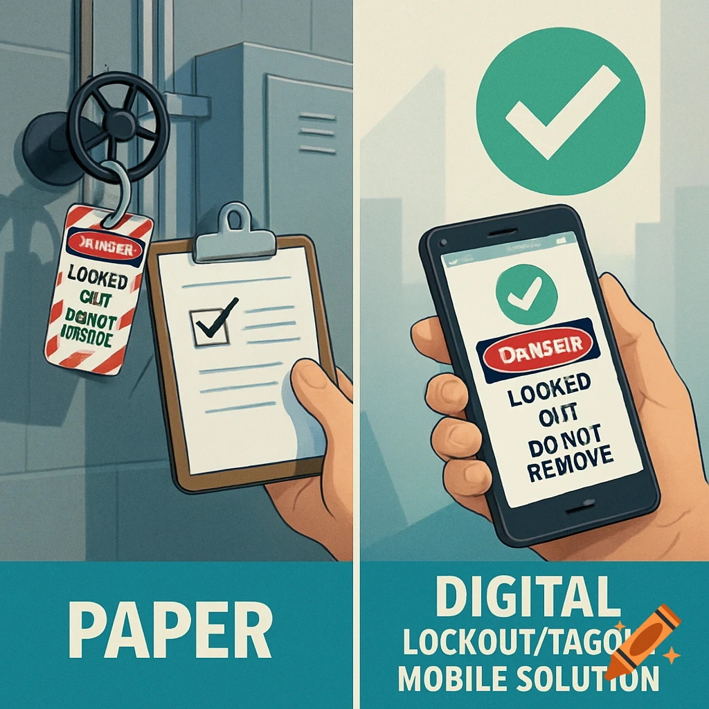 A split image comparing paper and digital lockout tagout. Left: A hand holds a clipboard near a valve with a tag. Right: A hand holds a phone screen showing a similar tag. Text reads PAPER vs DIGITAL LOCKOUT/TAGOUT MOBILE SOLUTION.