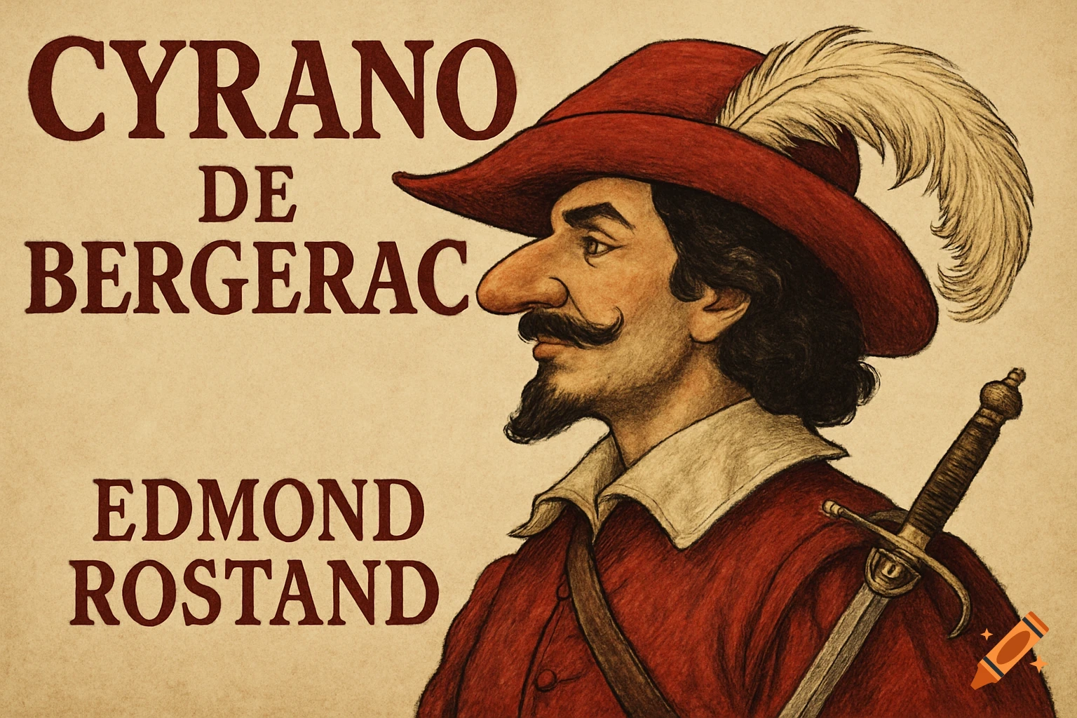 Illustration of Cyrano de Bergerac with text overlay.