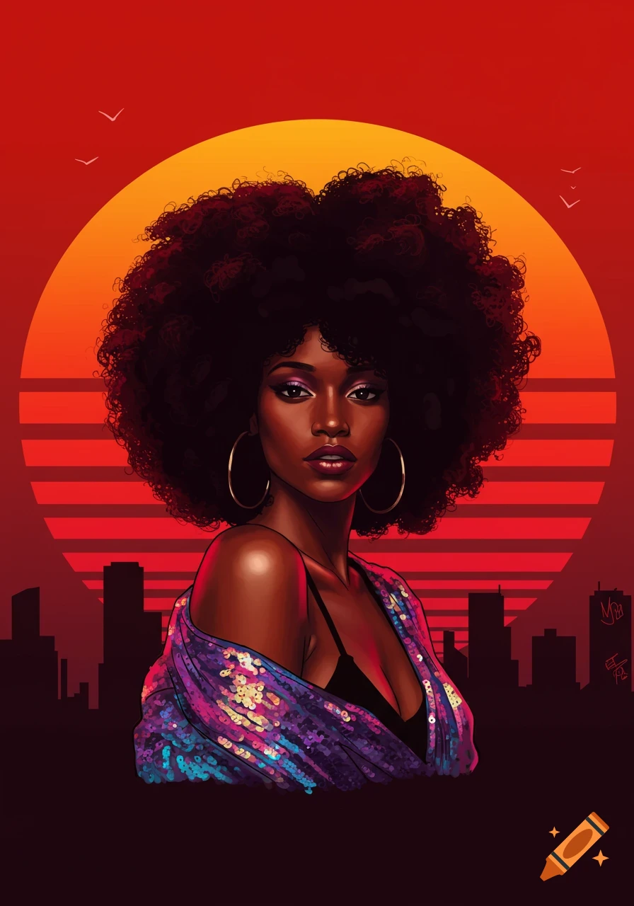 Woman with a large afro wearing a sequined jacket against an 80s style sunset cityscape.
