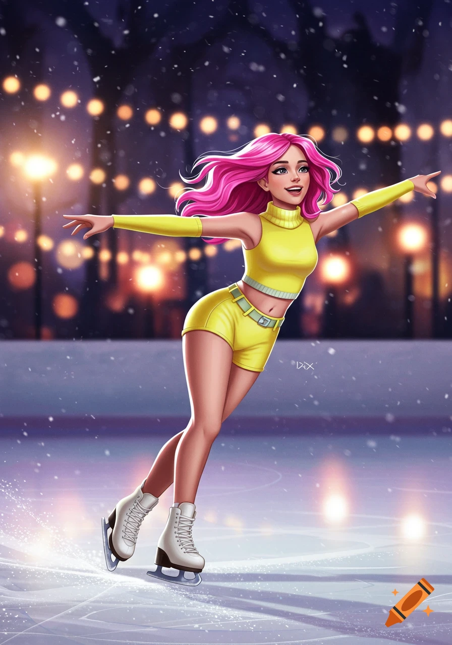 A cartoon woman with pink hair ice skates outdoors at night with holiday lights.