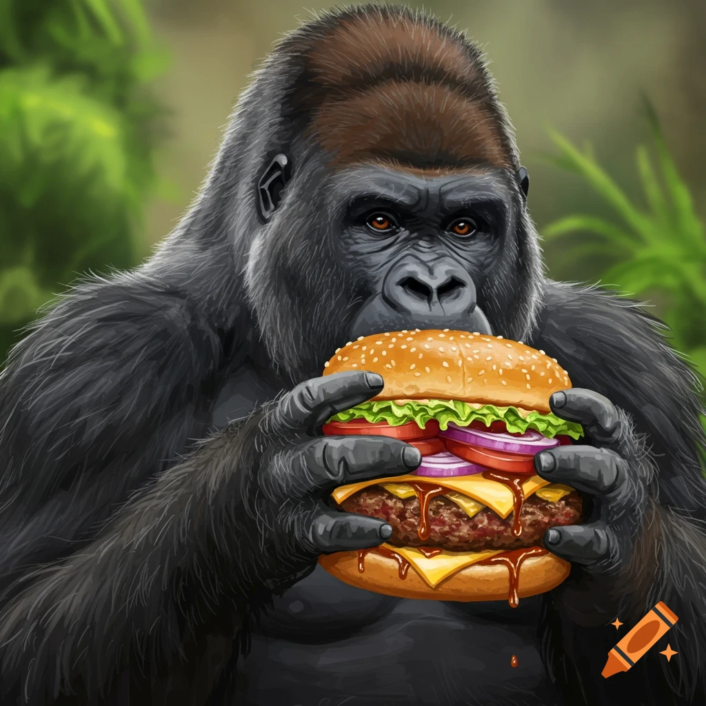 A detailed illustration of a gorilla holding and eating a large hamburger.