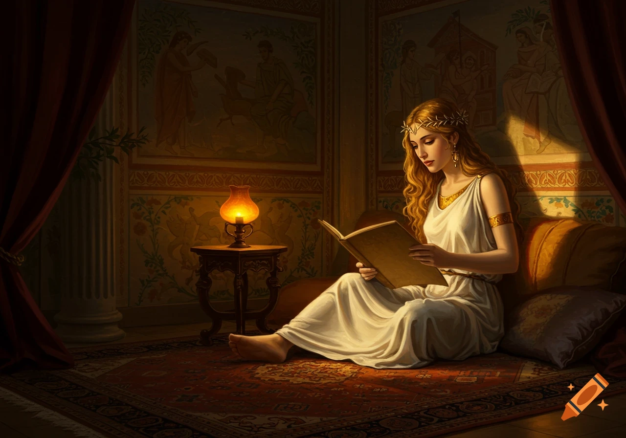 Woman in classical dress reading a book in a room with ancient murals