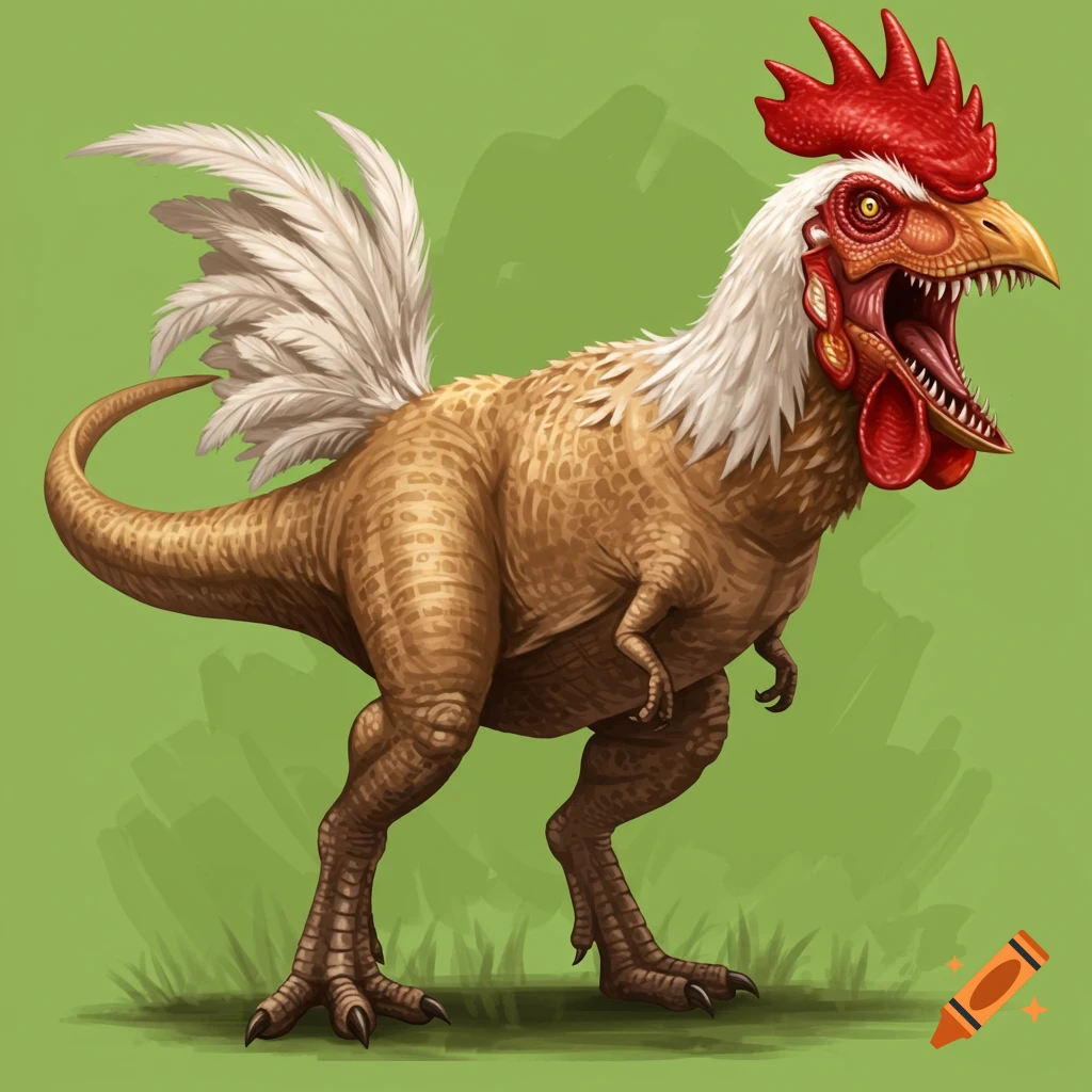 Illustration of a T-Rex with chicken head, comb, wattle, and tail feathers on a green background.