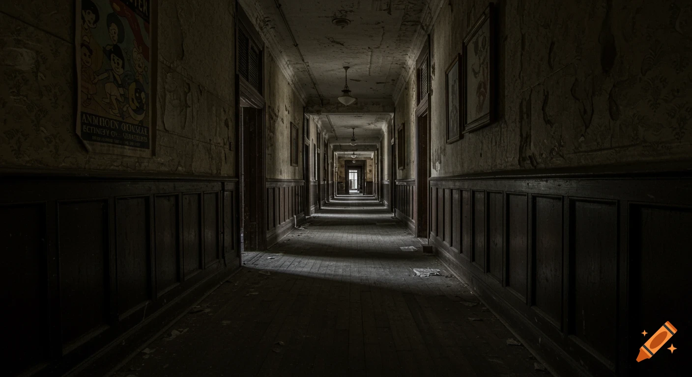 Dark, atmospheric view down a long, abandoned hallway in an old building, with peeling wallpaper, wood wainscoting, and scattered debris.