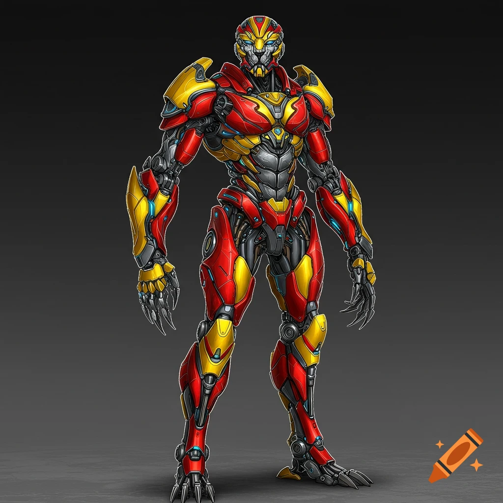 Detailed rendering of a humanoid robot in red and yellow armor with lion-like features.