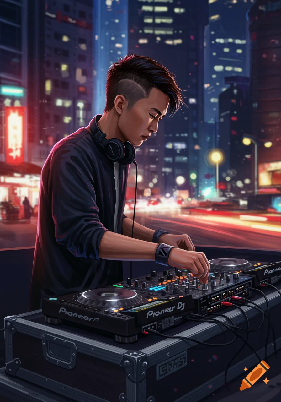 An illustrated image of a DJ with headphones mixing on equipment on a city street at night.