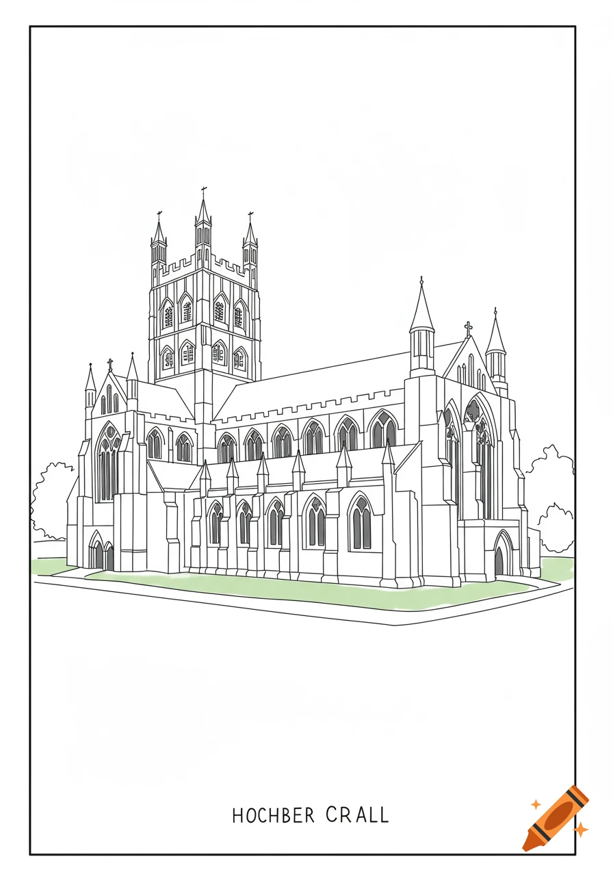 Line drawing of a large cathedral with towers and pointed arches.