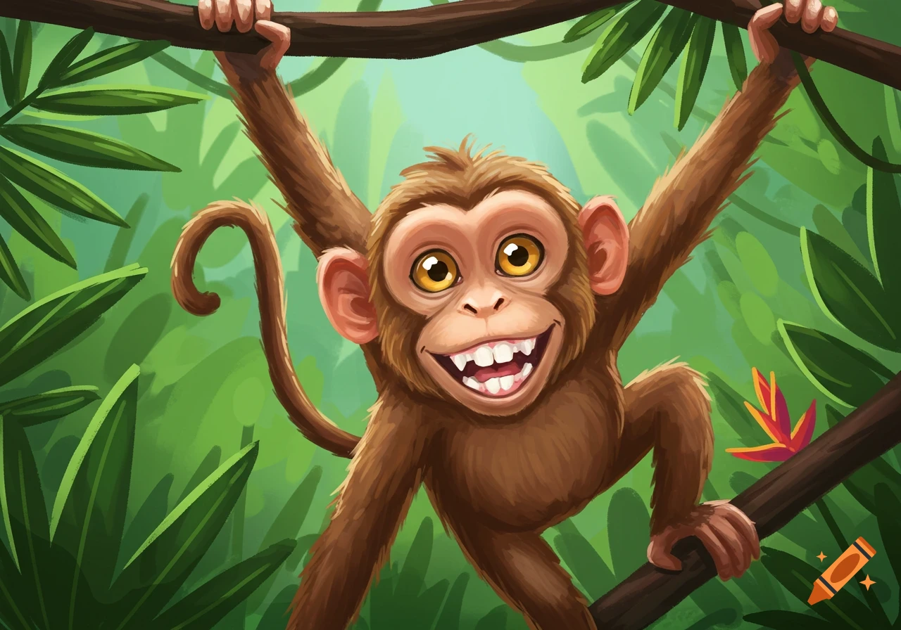 Cartoon monkey hanging from a branch in a jungle