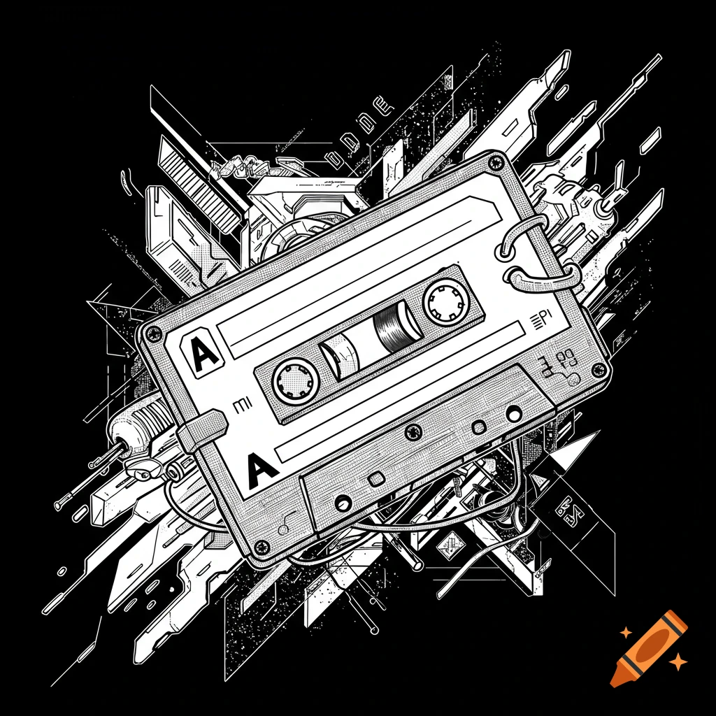 Black and white line art of a cassette tape surrounded by geometric and tech elements in a futuristic style.