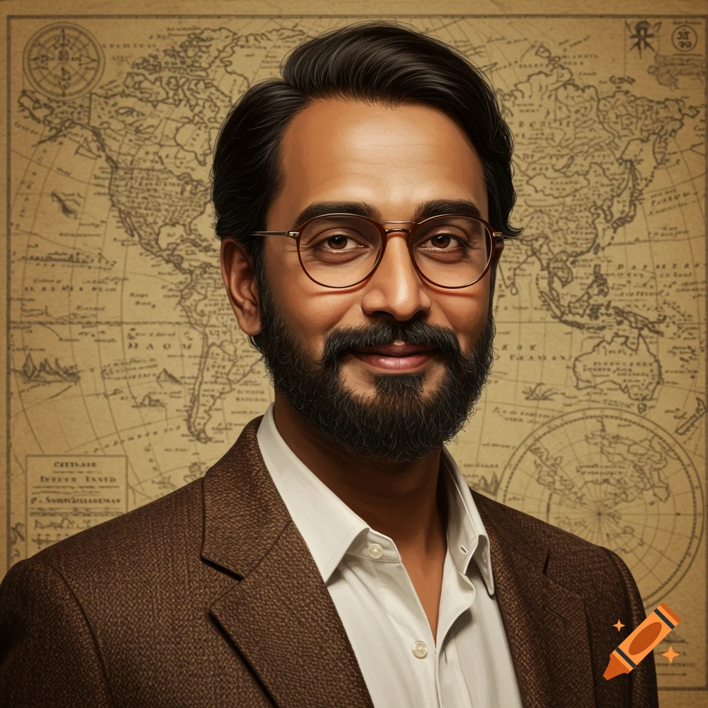 a-man-in-a-suit-and-glasses-stands-in-front-of-an-old-world-map-on-craiyon