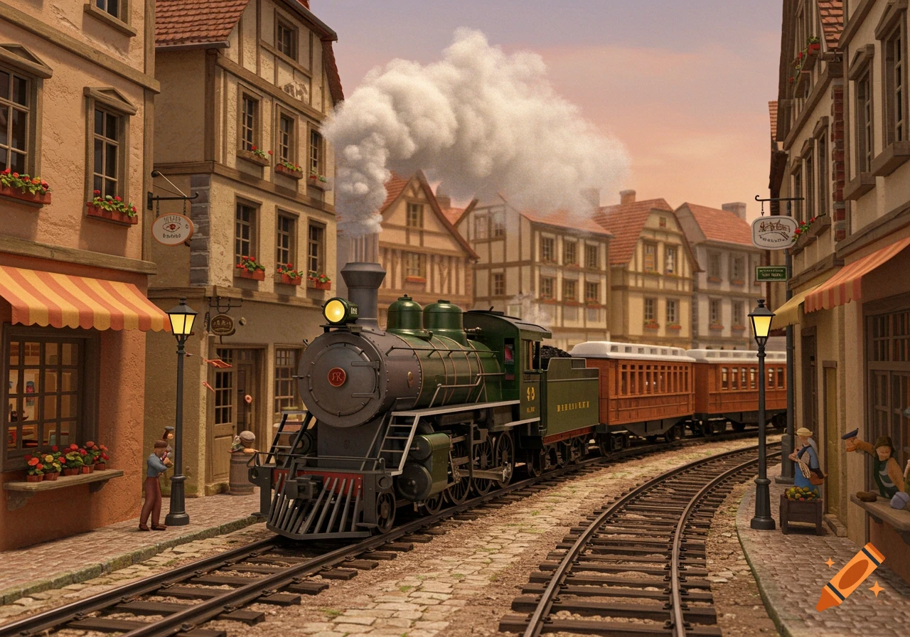 A miniature green and orange train travels through an old European town street at sunset.