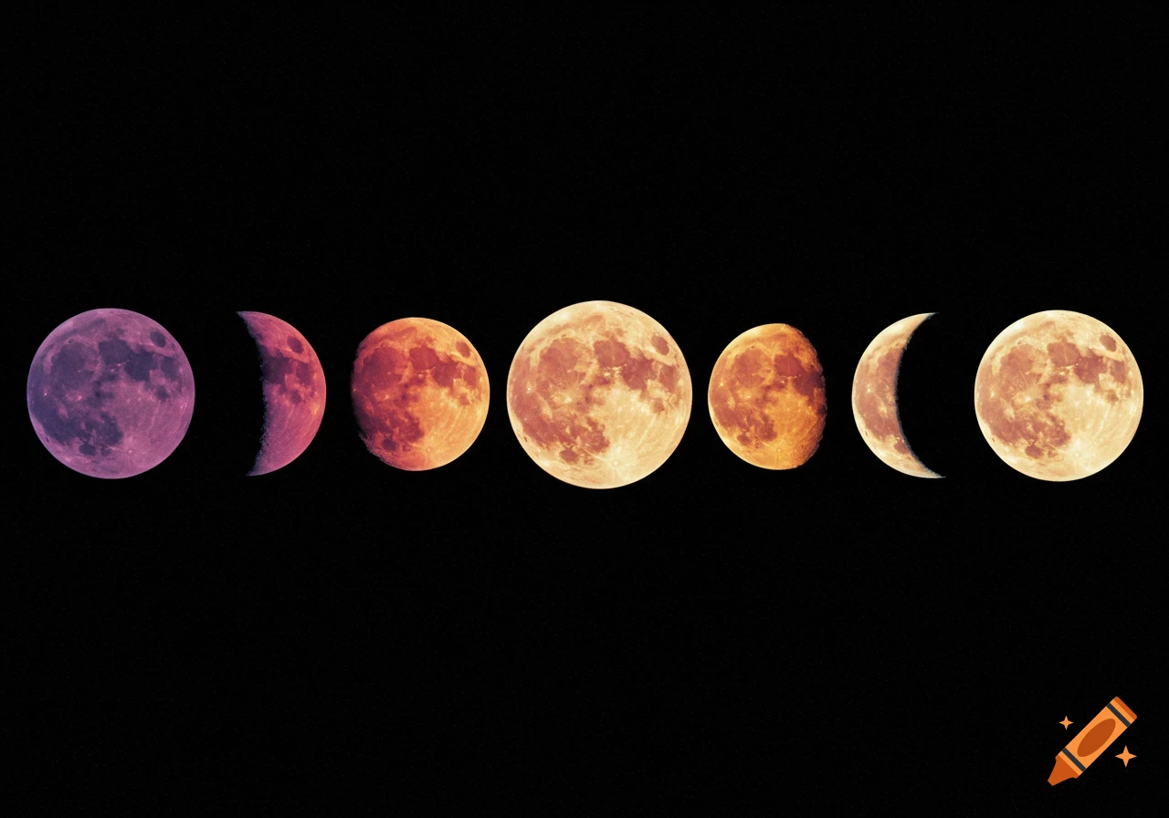 A sequence showing different phases of the moon against a black background, with moons in purple, red, orange, and yellow hues.