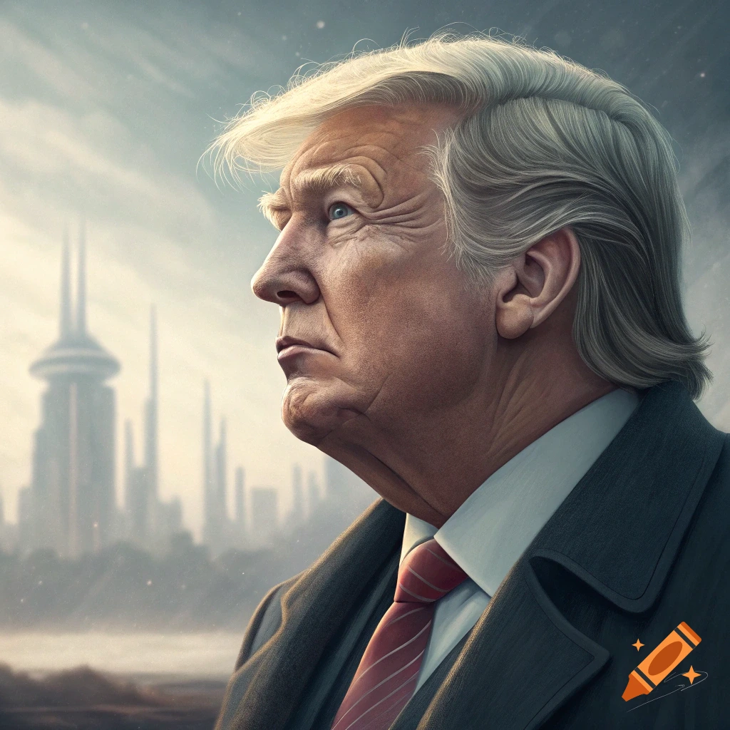 Digital painting portrait of Donald Trump looking forward, with a futuristic city background