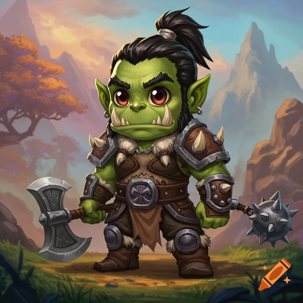 A cute chibi orc warrior stands with an axe and mace in a fantasy landscape.