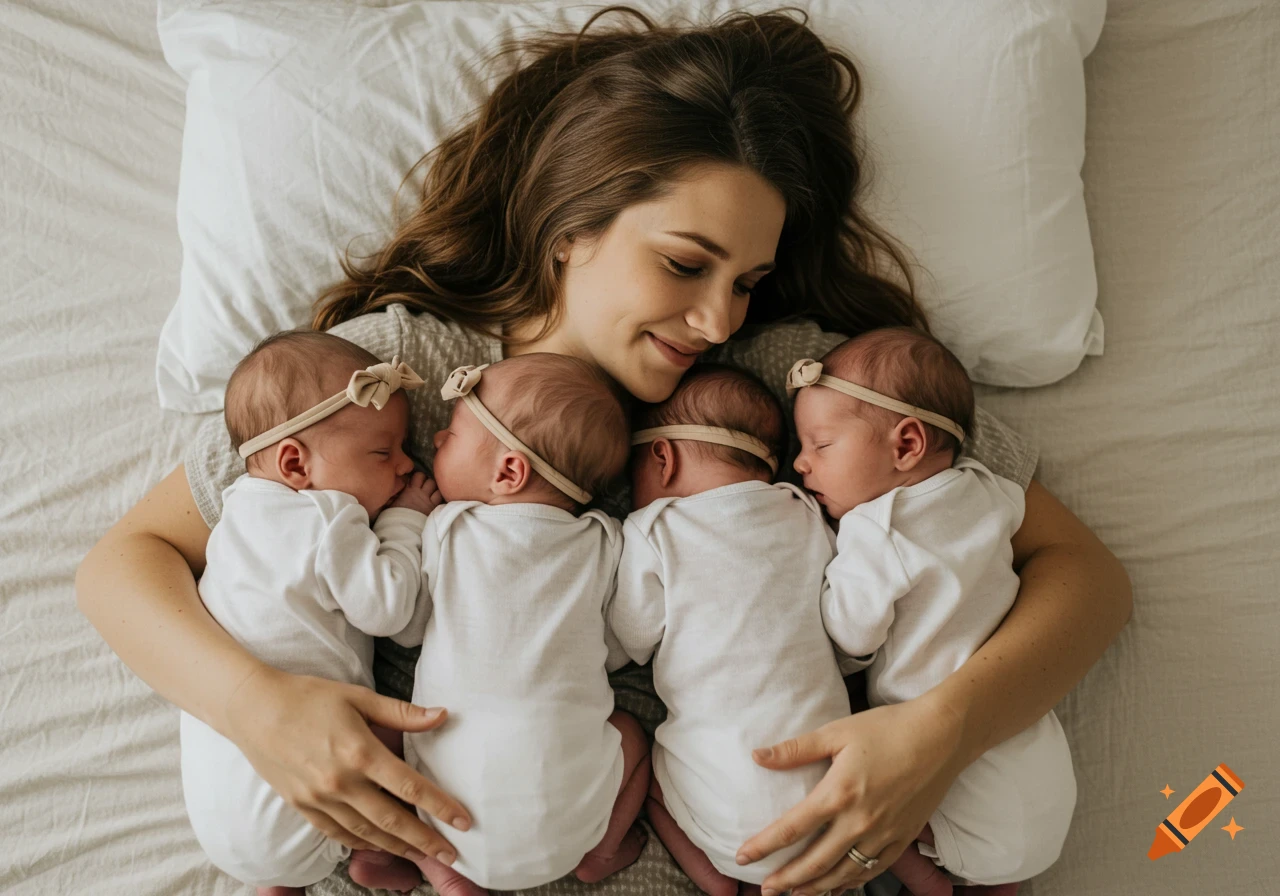 Woman lying down holding four sleeping babies.