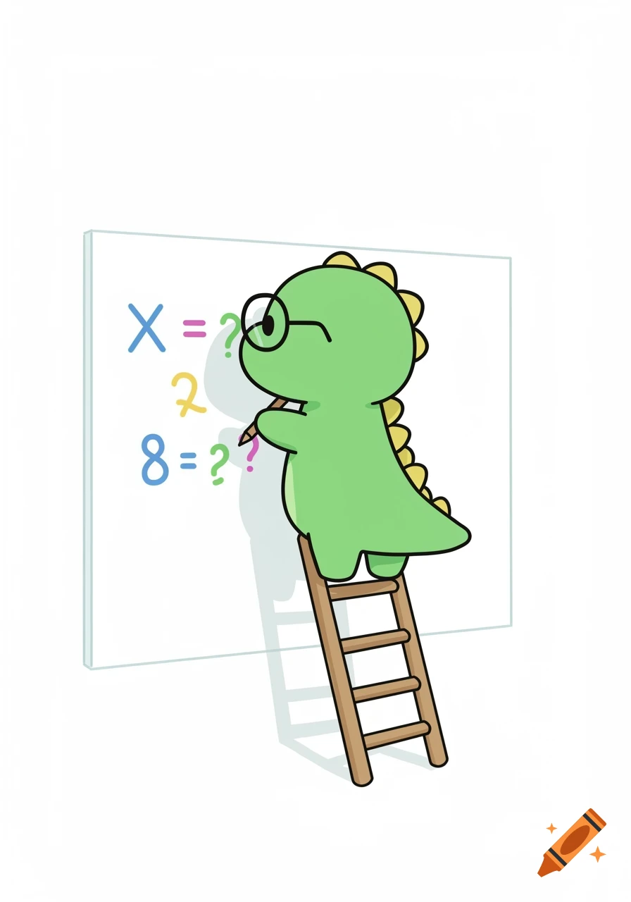 Cute green dinosaur on a ladder writing math problems on a whiteboard in a cartoon style.
