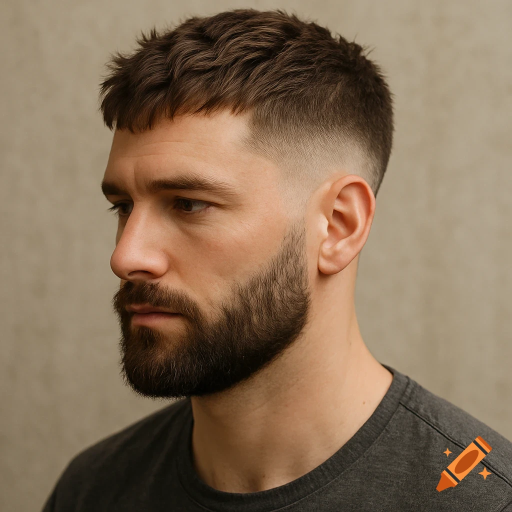 Side profile of a man with a textured crop haircut and beard.