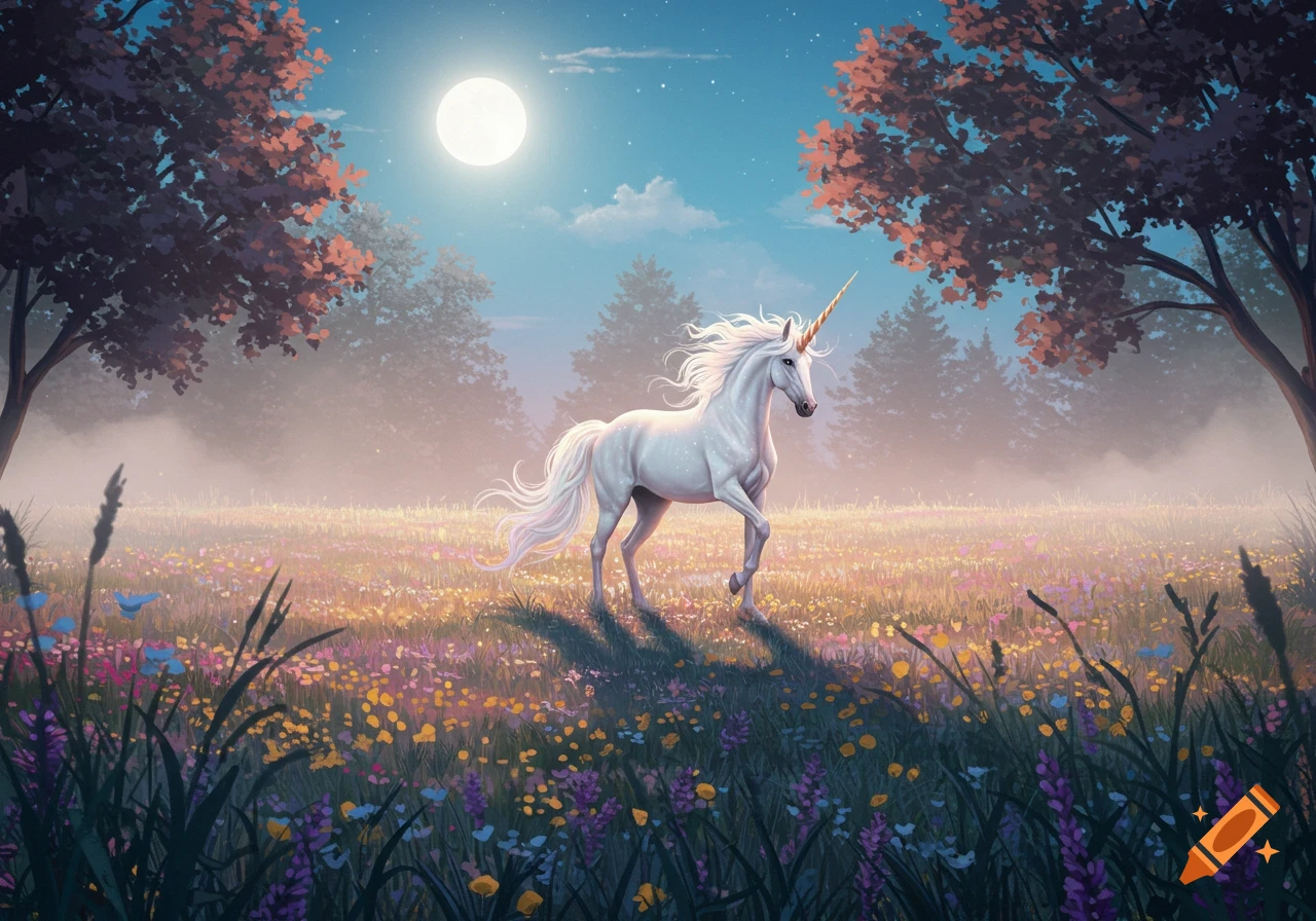 A white unicorn with a gold horn stands in a moonlit meadow filled with colorful flowers.