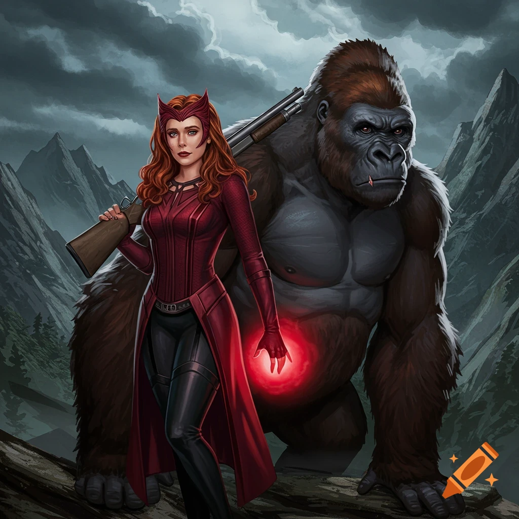 Red-haired woman in red outfit with shotgun stands beside a gorilla in a mountainous landscape.