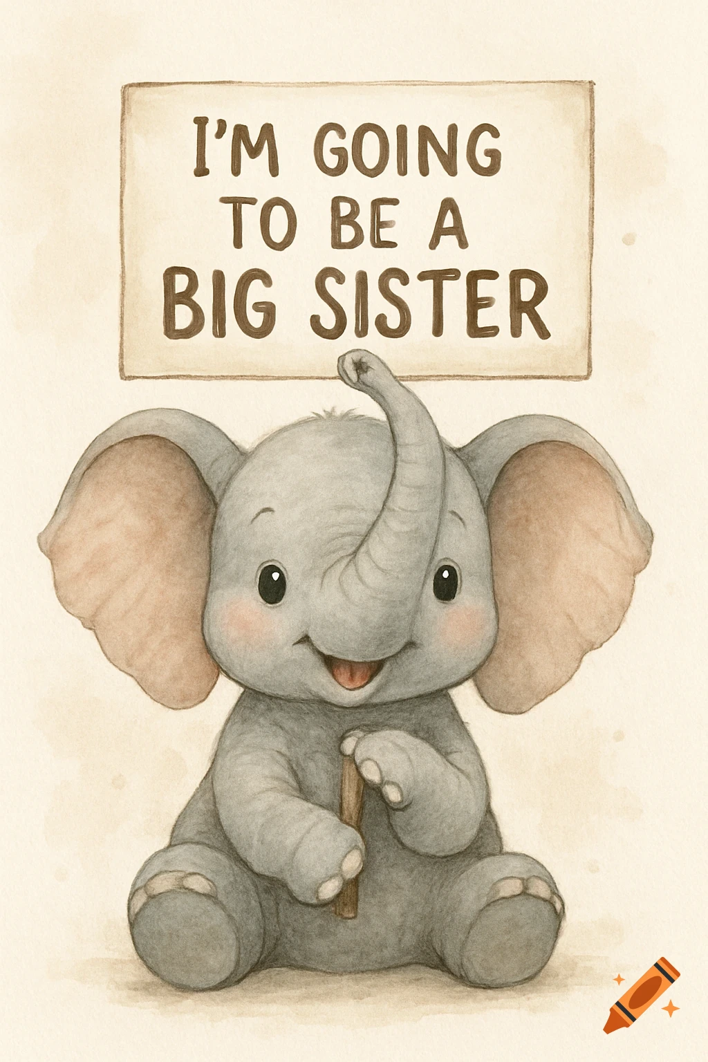 Cute watercolor illustration of a sitting baby elephant holding a sign that says "I'M GOING TO BE A BIG SISTER".