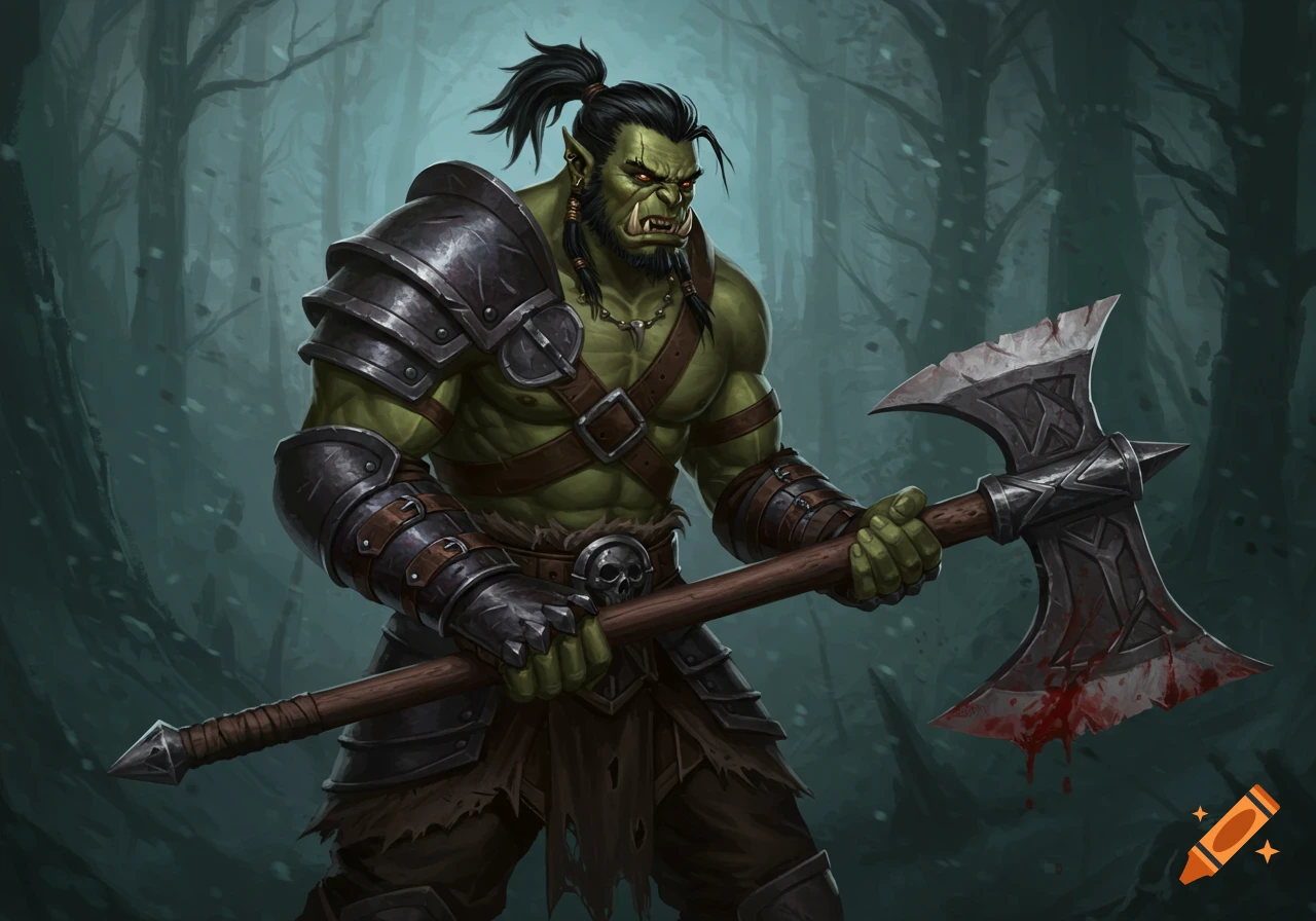 A green-skinned orc warrior in dark armor holds a bloody battle axe in a forest.