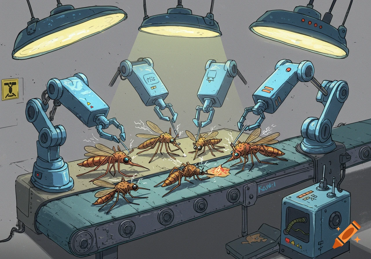 Cartoon robots perform surgery on mosquitos on an assembly line.