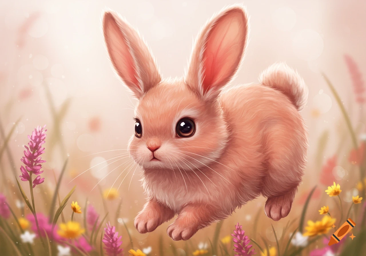 A cute pink rabbit hops through a field of colorful flowers in a whimsical illustration.