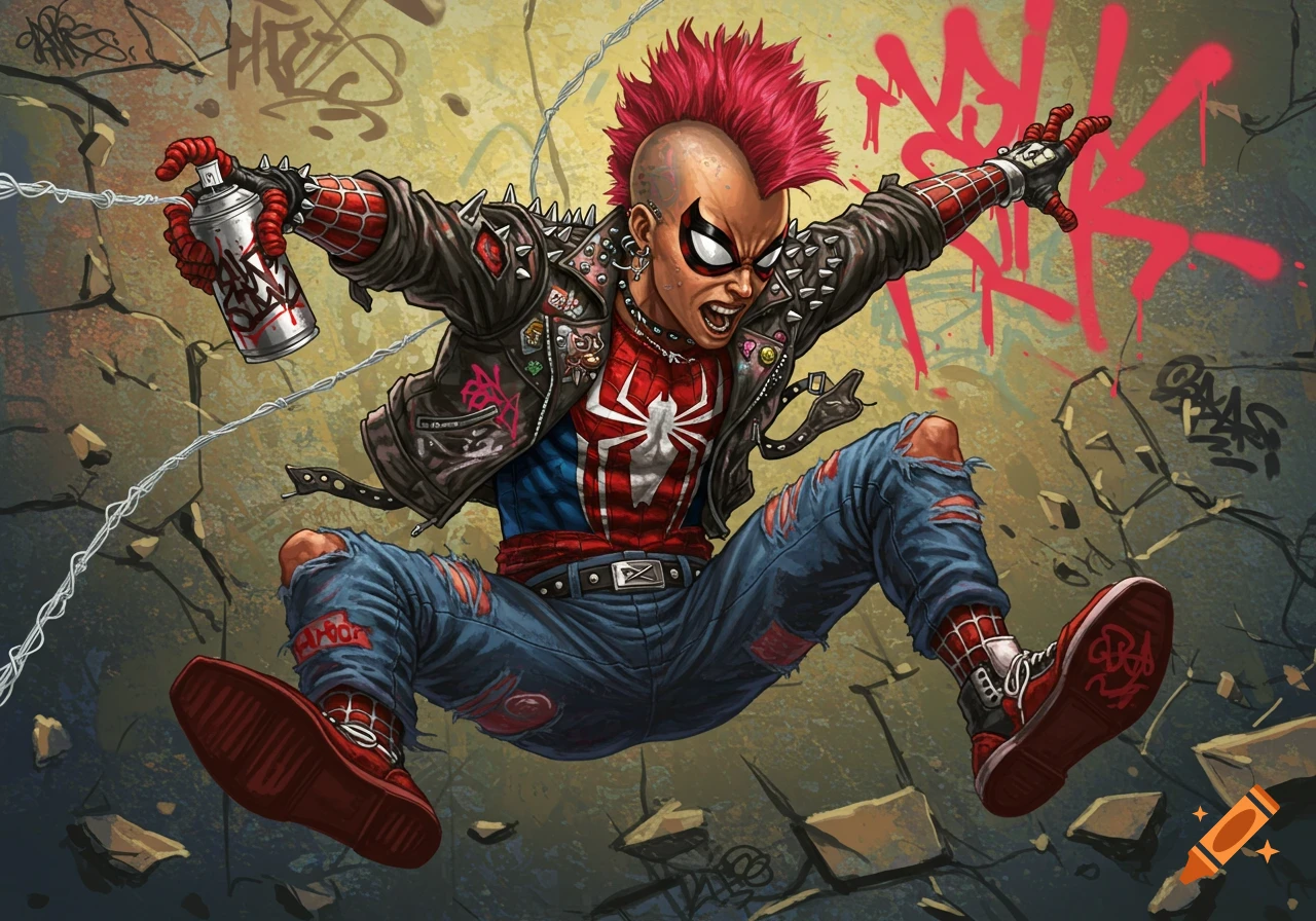 A punk rock version of Spider-Man with a red mohawk leaps while holding a spray can against a graffiti background in an illustration style.