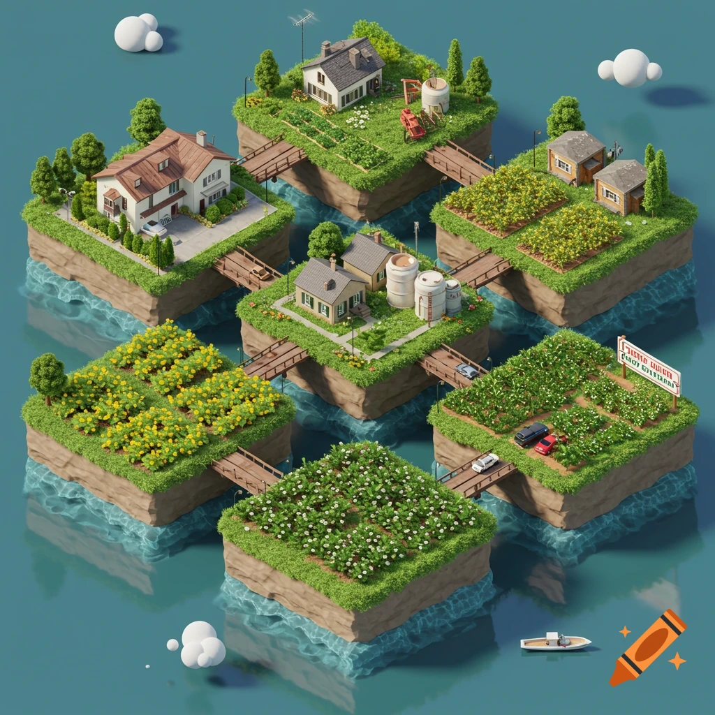 3D isometric diorama of islands with houses, farms, and industrial buildings connected by bridges over water.