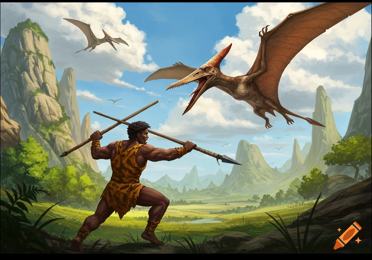 Caveman holding a spear fights a pterodactyl in a prehistoric mountain landscape.