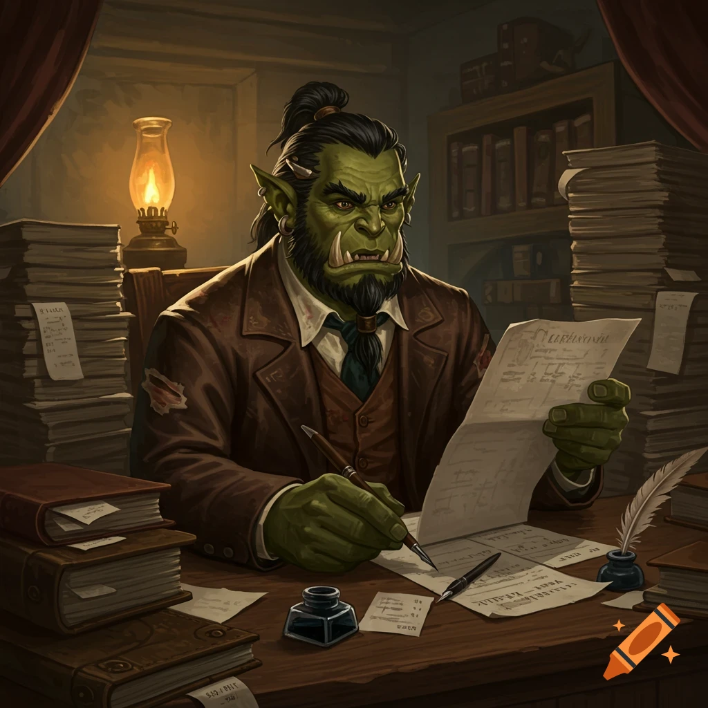 A half-orc in a suit sits at a desk, looking at papers in a dimly lit room with stacks of books.