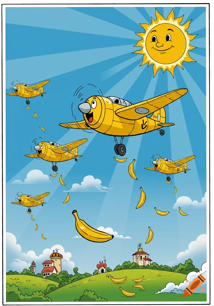 Cartoon airplanes drop bananas over a landscape under a smiling sun
