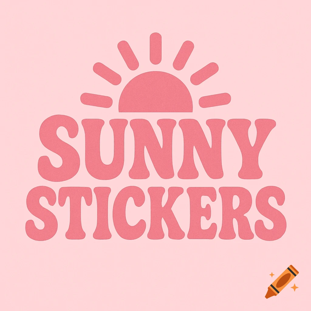 Pink logo with a sun icon and the words "Sunny Stickers".