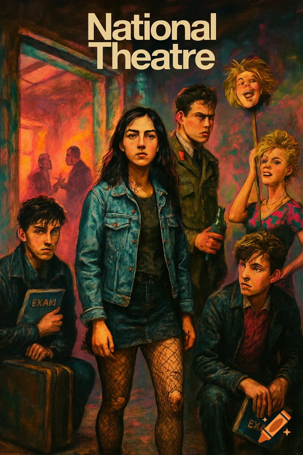 Painterly group portrait of diverse teenagers and adults, styled like a National Theatre poster.